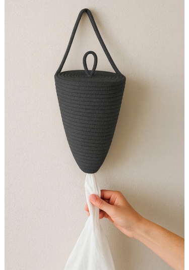 Poşetlik Halat İp El Dokuma Duvar Askılı Saklama Torbası Ev Düzenleme Aksesuarı Sepet 30 X 20 Cm Antrasit