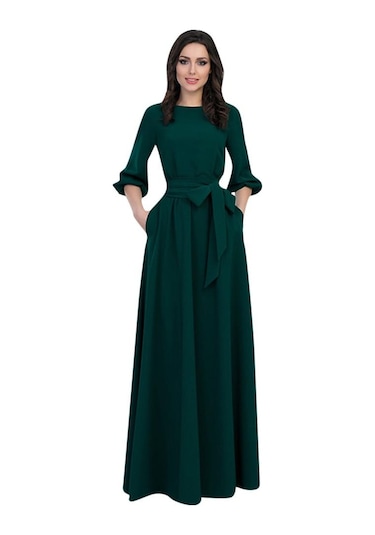 Kadın Yaz Casual Parti Elbise Kol Katı Uzun Elbiseler Kemerli Kırmızı