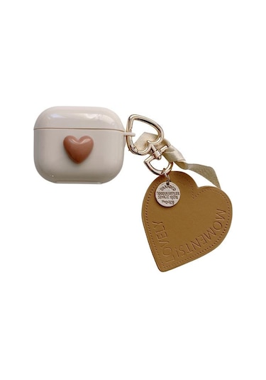 Apple Airpods 3. Nesil İle Uyumlu Kılıf Kalp Leopar Taş Kiraz Desenli Fiyok Tutmalı Kılıflar Kahve