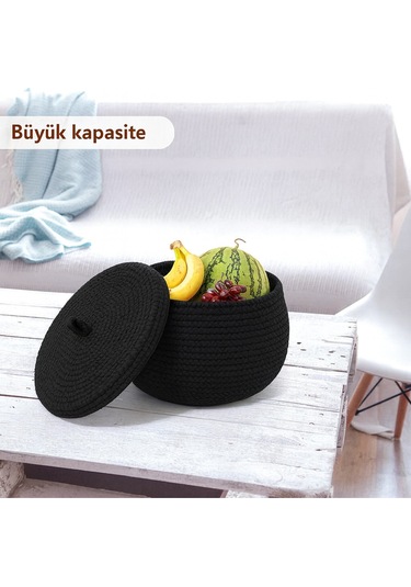 Mutfak, Banyo Ve Ev İçin Halat Hasır Sepet 17x21 Cm Kapaklı Saklama Sepeti Honeypot Siyah