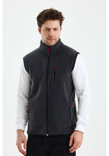 Monox Erkek Tam Fermuarlı Spor Polar Yelek Füme