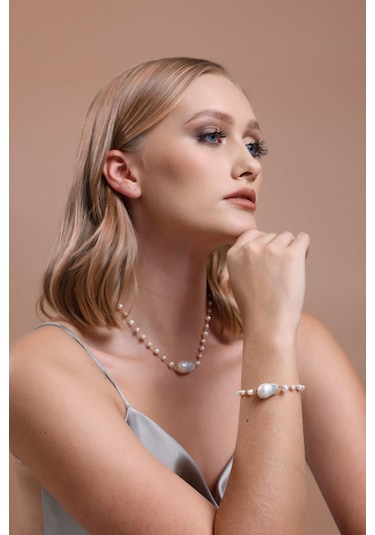 12,5 Mm Barok Doğal İnci Kolye Bileklik İkili Set