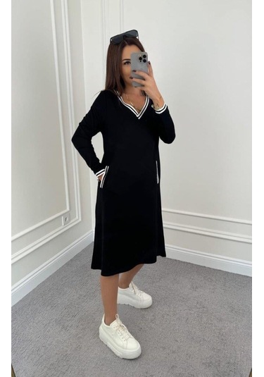 Kadın Uzun Kollu V Yakalı Şerit Detaylı Cepli Midi Viskon Iki Iplik Elbise Siyah