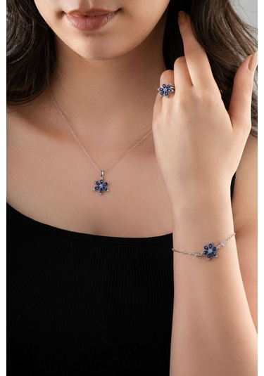 925 Ayar Safir Taşlı Rodyum Lotus Çiçeği 3'lü Gümüş Set Gümüş