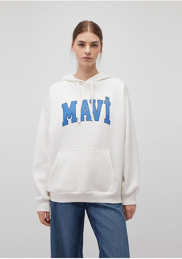 Mavi M1600361-81964-fw Mavi Logo Kapüşonlu Sweatshırt Kırık Kadın Sweatshirt M1600361-81964-R2728 Kırık Beyaz