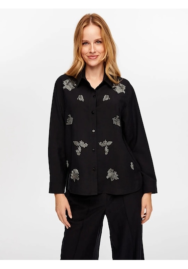 Faik Sönmez Boncuk Nakış Detaylı Tenselli Kadın Gömlek W26gml010 Siyah