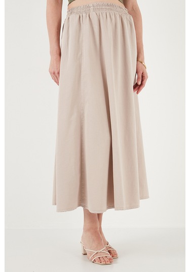 Lela Modest Pamuk Ve Keten Karışımlı Yüksek Bel Cepli Uzun Kiloş Tesettür Bayan Etek 668Yp4443 Taş