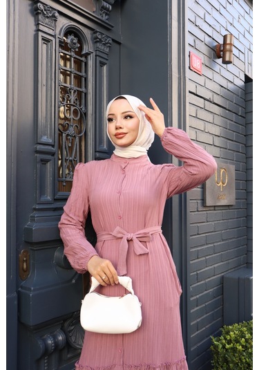 Kadın Gül Kurusu Boydan Düğmeli Eteği Piliseli Kuşaklı Lara Keten Uzun Tesettür Elbise Gül Kurusu