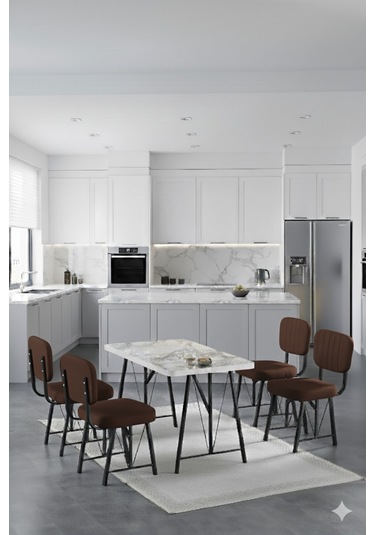 Elfin 70x110cm Sabit Efes Yemek Masası, Yemek Masası Takımı, Mutfak Masası, 4 Kahverengi Sandalye Kahverengi