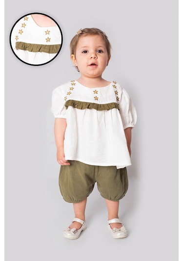 Marvello 18 - 24 Aylık Kız Bebek Roba Nakışlı Müslin Ikili Takım %100 Pamuk Yazlık Bluz Ve Şort Çok Renkli