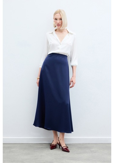 Sateen Uzun Saten Etek - Lacivert