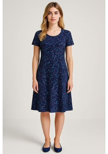 2 Adet Dökümlü Rahat Kalıp Günlük Penye Kumaş Elbise Lacivert - Mavi