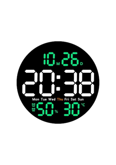Zilinn Çift Alarmlı Uzaktan Kumandalı Led Duvar Saati, Ev Dekorasyonu İçin Takvim Ve Sıcaklık Göstergesi Parlaklık Ayarlanabilir Yeşil-86 Çok Renki