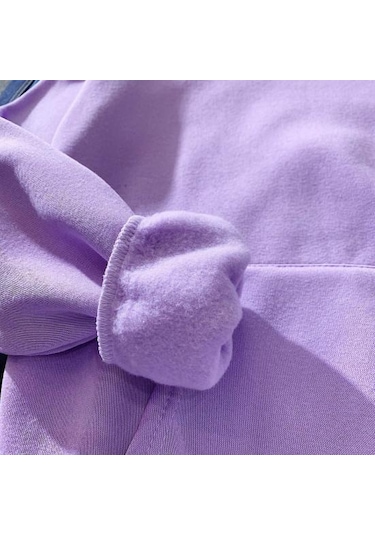 Mor Kazak Unisex Şık Kapşonlu Elastik Manşet Kalp Baskı Çift Kapşonlu Bayan Mor