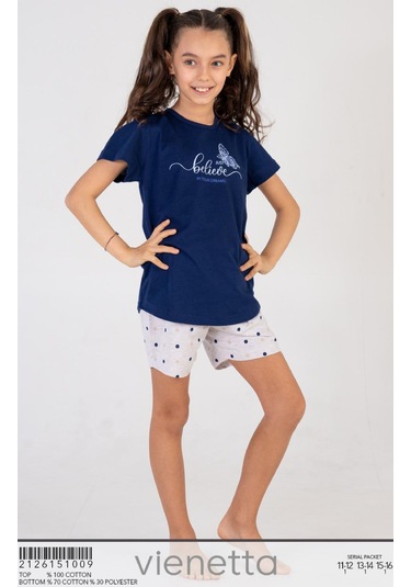 Kız Çocuk Şortlu Pijama Takımı Pamuk Baskılı A12 Lacıvert