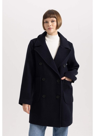 Defacto Regular Kalıp Kruvaze Yaka Düğmeli Cepli Yünlü Hafif Uzun Kaşe Kaban A9899AX23WNNV176 Lacivert