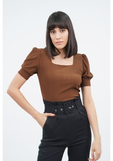 Gabria Kadın Kare Yaka Örme Bluz Kahve (538124459) Kahverengi