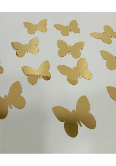 Dekoratif Kelebek Aynalı Gold Pleksi Dekorasyon Ürünü 12 Adet