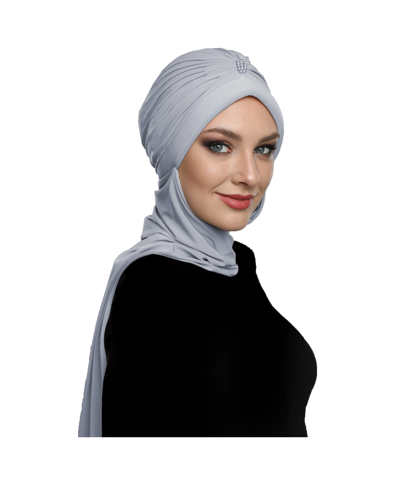 Incili Atkılı El Işi Inci Işlemeli Açık Gri Hazır Türban Tesettür Bone Açık Gri