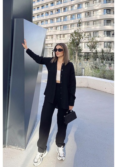 Kadın Siyah Salaş Uzun Gömlek & Beli Lastikli Pantolon - Alt & Üst Müslin Kumaş Takım Siyah