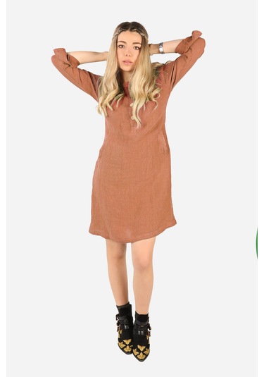 Keten Midi Elbise Kahverengi