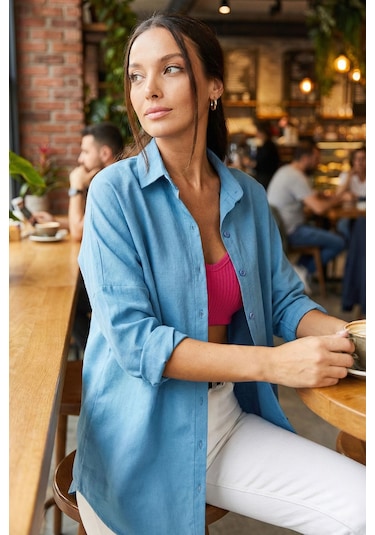 Armonika Kadın Buzmavi Oversize Uzun Basic Gömlek Arm-22y001118 Buz Mavisi