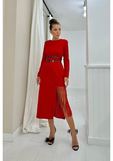 Kırmızı Eteği Püsküllü Atlas Elbise Kırmızı