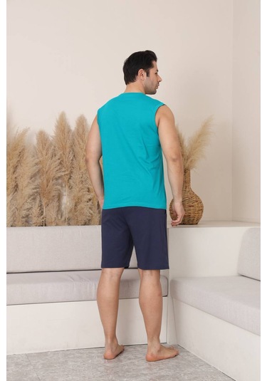 Seboteks %100 Pamuklu Kolsuz Cepli Erkek Şortlu Pijama Takımı 2011 Turkuaz