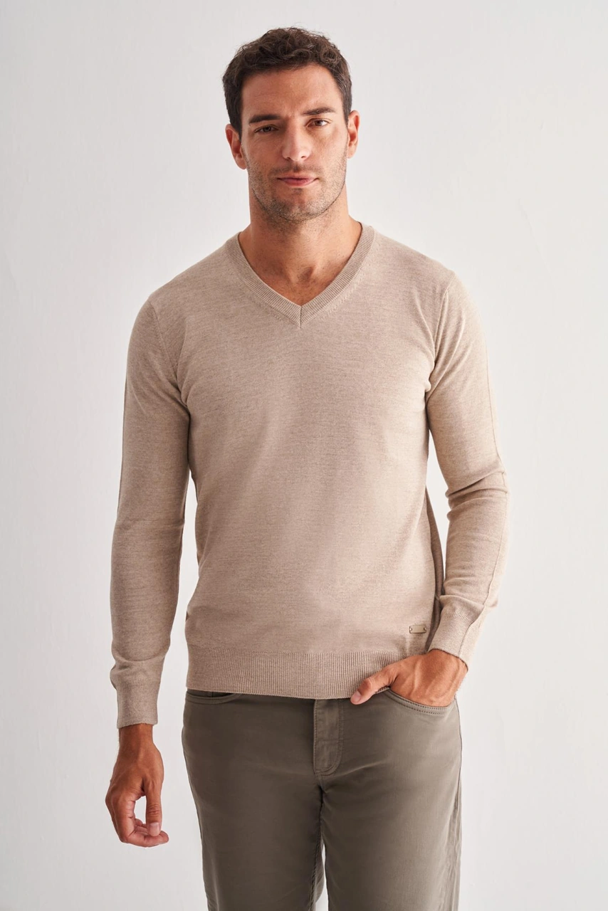 İmza Bej V Yaka Uzun Kol Cepsiz Comfort Fit Classic Yünlü Triko Kazak 1012255002 Bej