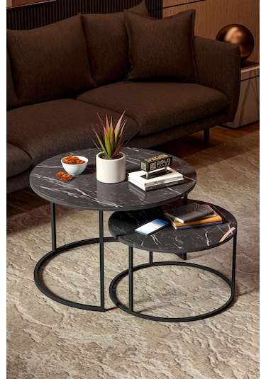 Orta Sehpa Bade İkili Lüx Yan Sehpa Masa Bendir Siyah