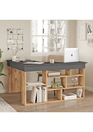 Yurudesign Tywin Kitaplık Raflı Çalışma Masası Çam-Antrasit