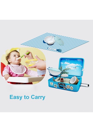 Samdoo Mavi Bebek Yemek Silikon Kase + Isil Duzenleyici Spoon, Pp + Silikon Malzeme, Sekerlekli Kapakli, Taşınabilir Çocuk Tabak 600295