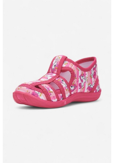 Günlük Unisex Çocuk Sandalet Esnek Kaymaz Taban Keten Cırtlı Yazlık Ev Okul Kreş Ayakkabı 143 Fuşya Atlı