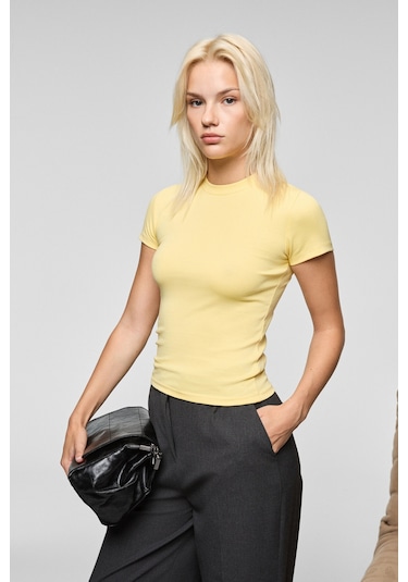 Grimelange Hopewell Kadın Yuvarlak Yaka Örme Slim Fit Sarı T-shirt Sarı