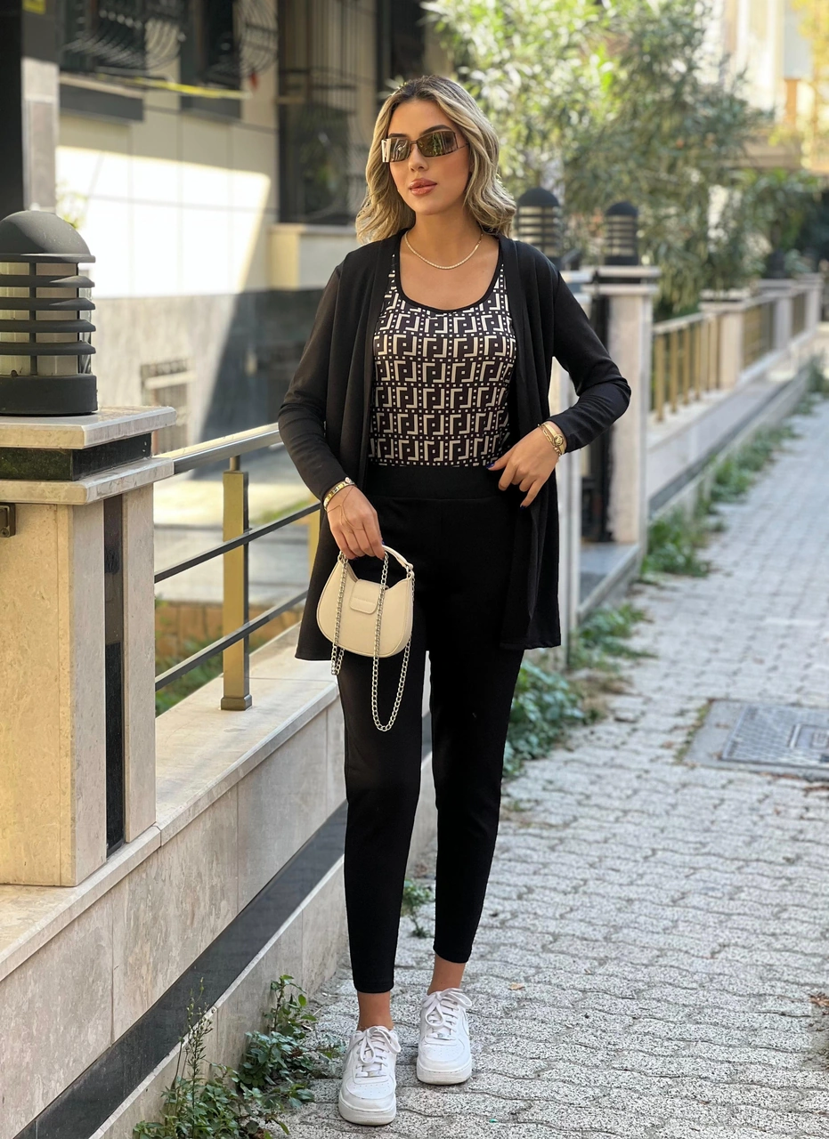 Buğrahayalin Kadın Uzun Kollukrep Üçlü Takım Siyah