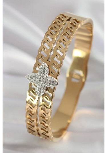 316l Çelik Gold Renk Zirkon Taşlı Çiçek Model Kadın Kelepçe