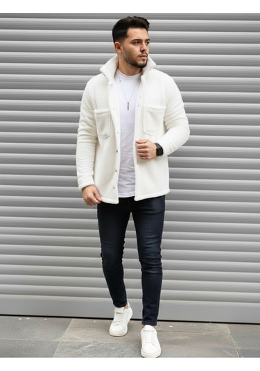 Stıll Giyim Unisex Normal Kalıp Cep Detaylı Düğmeli Pelüş Ceket Beyaz