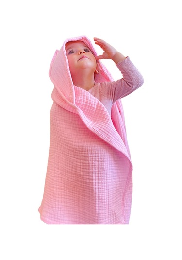 4 Katlı Müslin Kapşonlu Bebek Çocuk Banyo Havlusu Kundak Pembe
