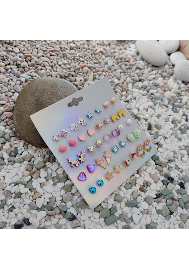 Chavin Çocuk Genç 20 Çift Mineli Figür Küpe Seti Er12 Çok Renkli