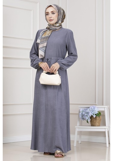 Beli Tünelli Fitilli Aslı Elbise-gri-5467 Gri