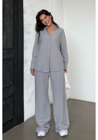 Madmext Boyalı Gri Keten Kadın Gömlek Pantolon İkili Takım Mg2356 Boyalı Gri