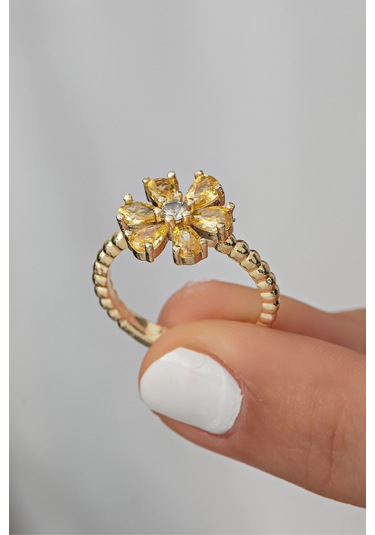 Ayarlanabilir Sarı Zirkon Taşlı Kamelya Çiçeği Yüzük Altın