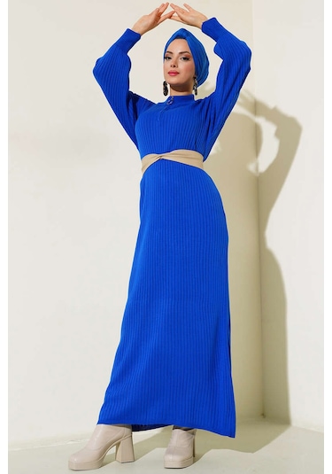 Bigdart 15900 Boydan Tesettür Triko Elbise - Saks