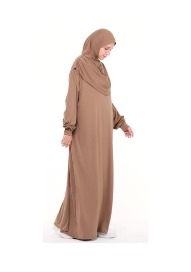 Pratik Tek Parça Pamuklu Yarasa Kollu Tak Çıkar Başörtülü Tesettür Namaz Elbisesi Sütlü Kahve Çok Renkli
