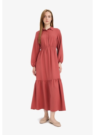 Defacto Gömlek Yaka Beli Büzgilü Uzun Kollu Maxi Elbise D5851ax25spog355 Turuncu