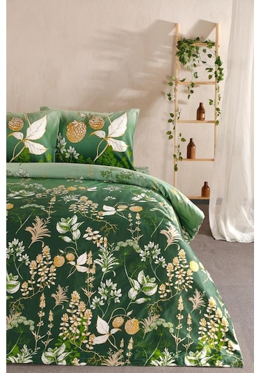 Doqu Home Saten Nevresim Takımı Çift Kişilik Rose Glow Yeşil