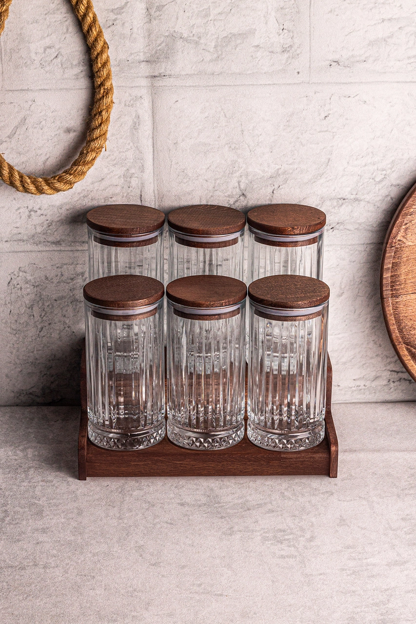 Mira 7 Parça Ahşap Vakumlu Kapaklı Standlı Cam Baharatlık Seti 450 Ml Çok Amaçlı Saklama Kabı Ahşap