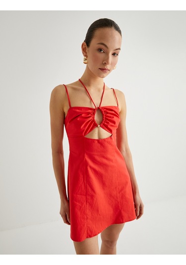 Koton Koton X Sibil Çetinkaya - Boyundan Bağlamalı Askılı Mini Elbise Kırmızı 4sak80459pw Kırmızı