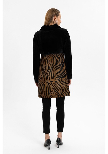 Jade Siyah Ve Leopar Desenli Kadın Hakiki Deri Kaban-siyah Siyah