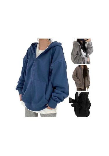 Koyu Gri Kadın Kış Ceket Fermuar Kapatma Kalın Kapşonlu Uzun Kollu İpli Gevşek Düz Renk Cepler Elastik Manşet Bayan Sonbahar Ceket Koyu Gri